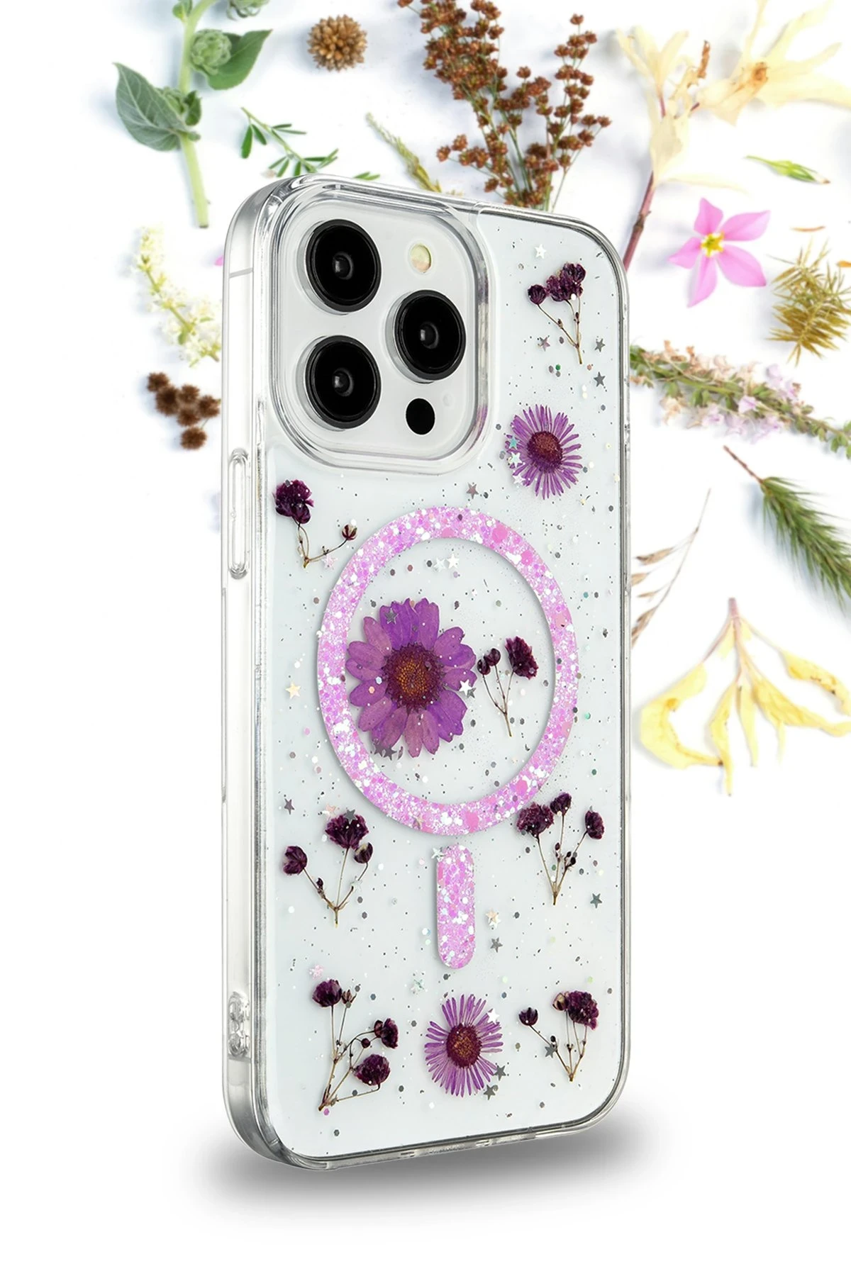 Newface iPhone 15 Pro Kılıf Daisy Simli Magsafe Kapak - Mor - Görsel 3