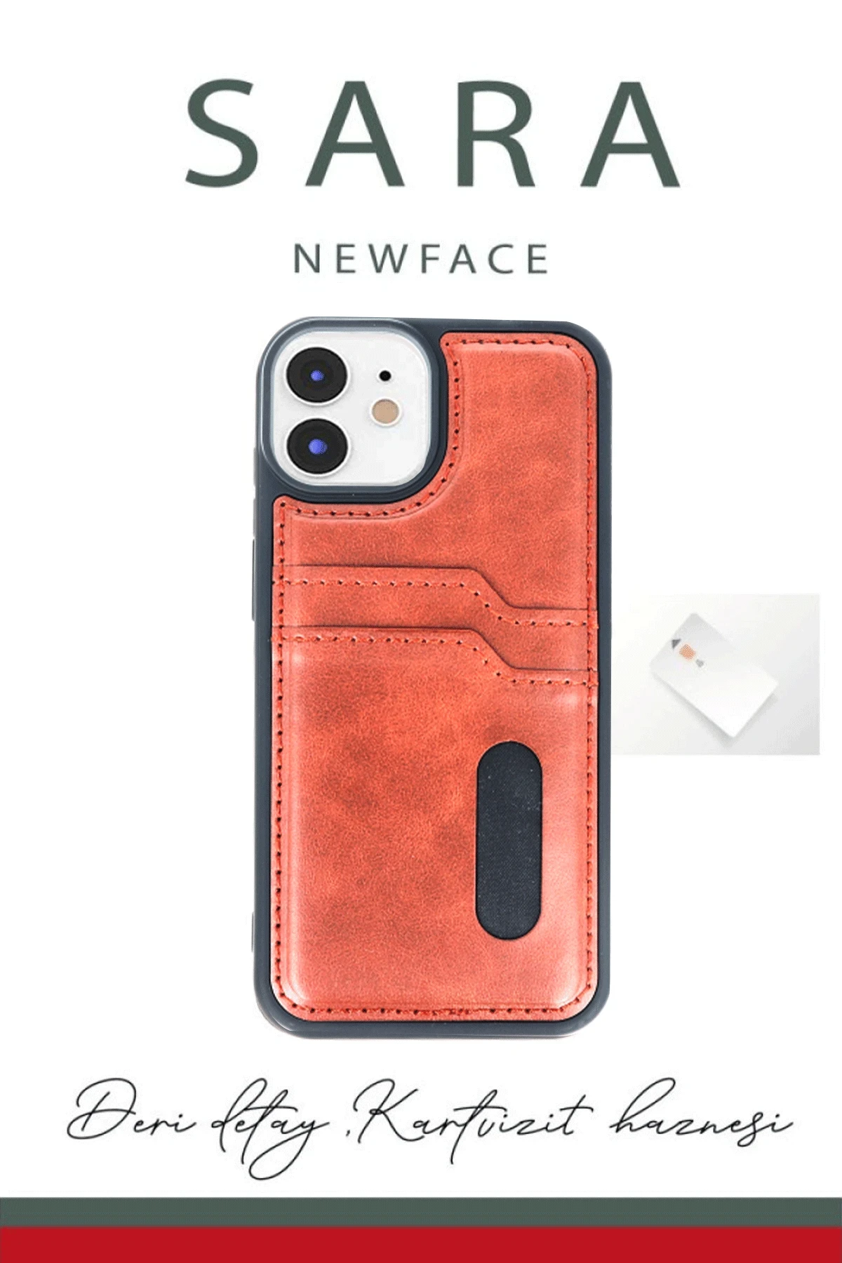 Newface iPhone 11 Kılıf Sara Kartvizitli Deri Kılıf - Taba - Görsel 3